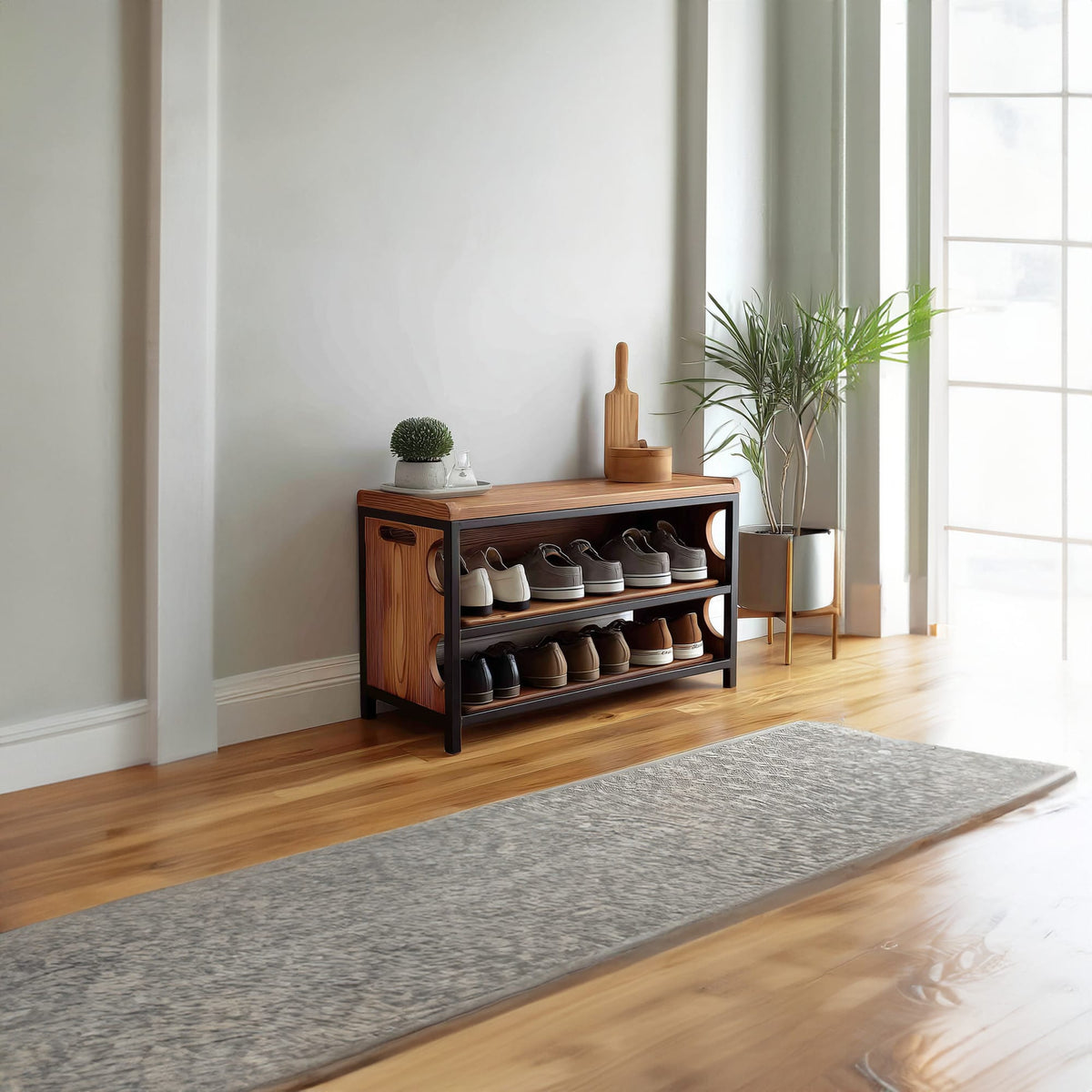 Midcentury Modern Shoe Bench Entryway, solid wood, built to order