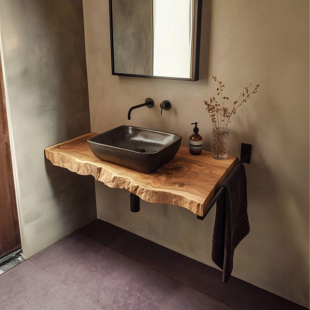 Mid Century Bathroom Vanity Shelf Live Edge Wood Bathroom Decor, solid wood, built to order