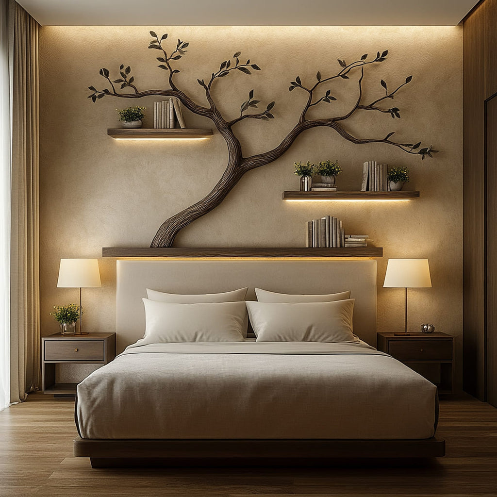 Mid Century Tree Wall Bookshelf Bedroom Headboard, solid wood, built to order