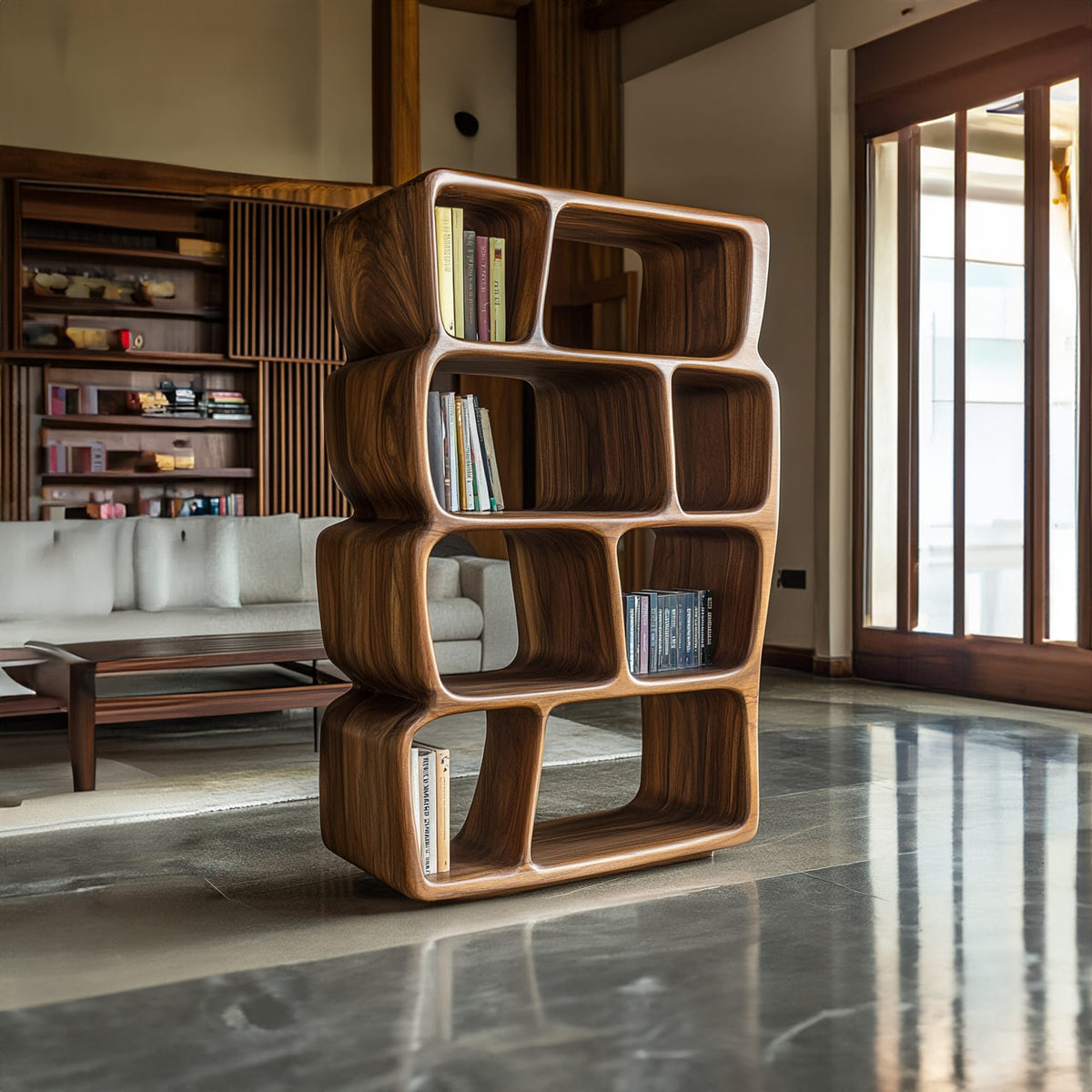 Mid Century Sculptural Bookshelf, solid wood, built to order