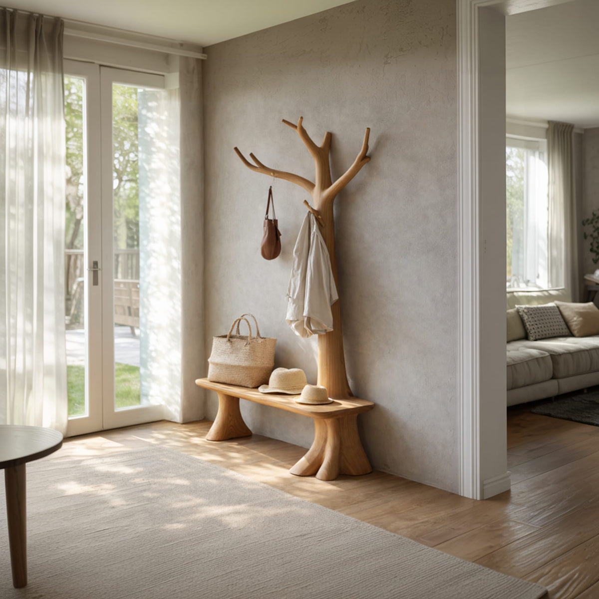 Handcrafted Tree Coat Rack with Bench Entryway Interior Functional Decor, solid wood, built to order