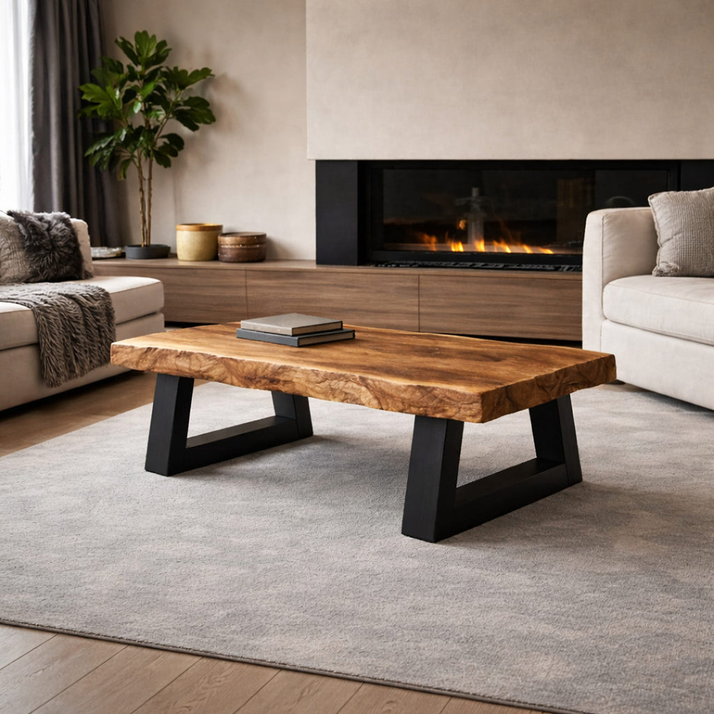 Industrial Live Edge Coffee Table Bold Contrast Black Base Living Room Interior, solid wood, built to order