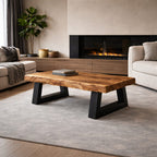 Industrial Live Edge Coffee Table Bold Contrast Black Base Living Room Interior, solid wood, built to order