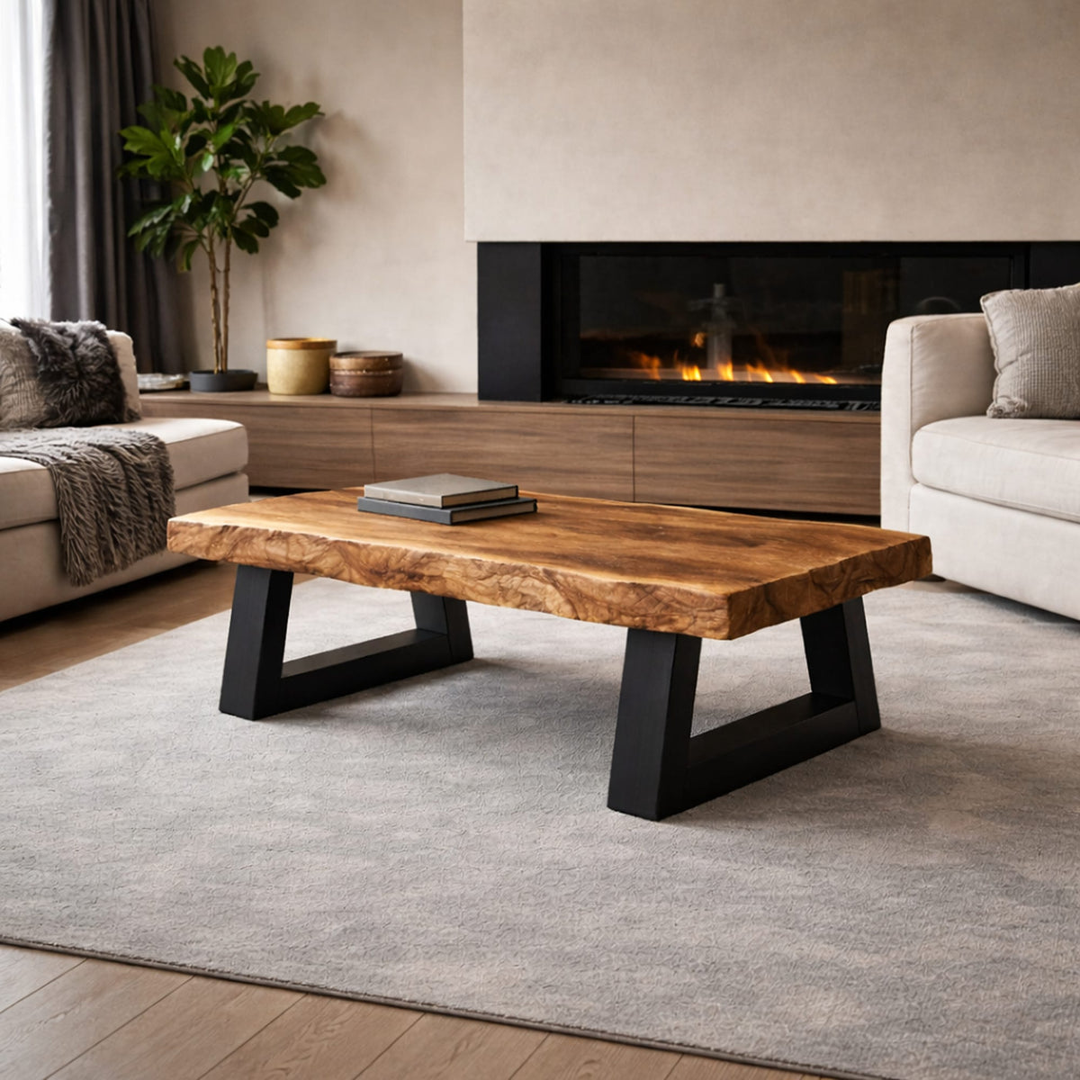 Industrial Live Edge Coffee Table Bold Contrast Black Base Living Room Interior, solid wood, built to order