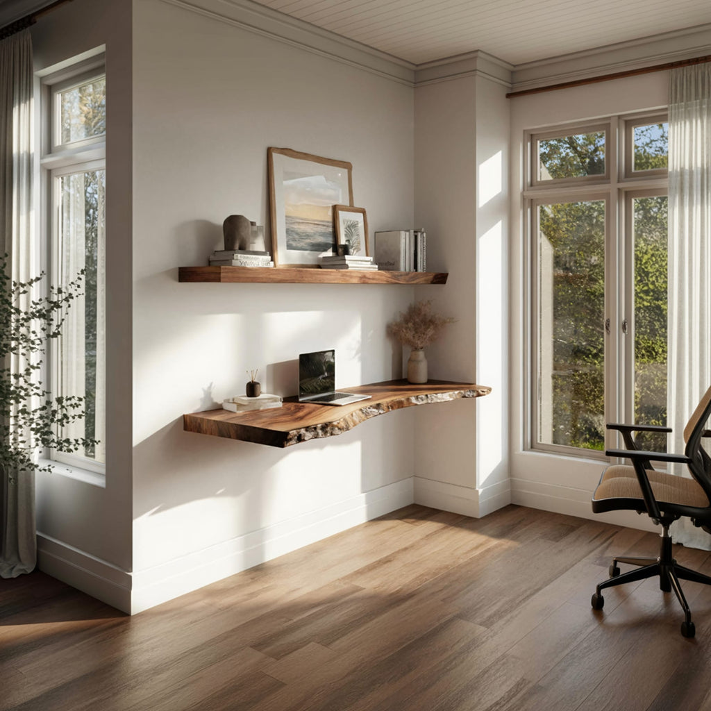 Live Edge Solid Floating Desk Window Side Workspace Interior, solid wood, built to order