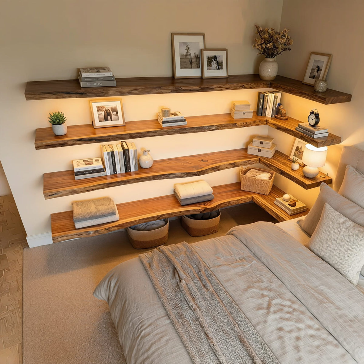 Modern Living Room Floating Wall Shelves, solid wood, built to order