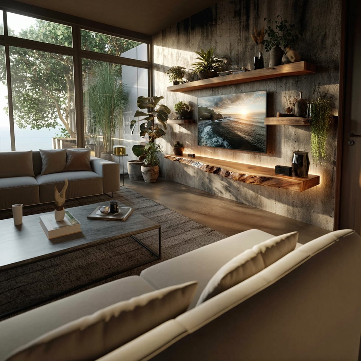 Artistic Live Edge Floating TV Shelf Living Room Interior Signature Furniture, solid wood, built to order
