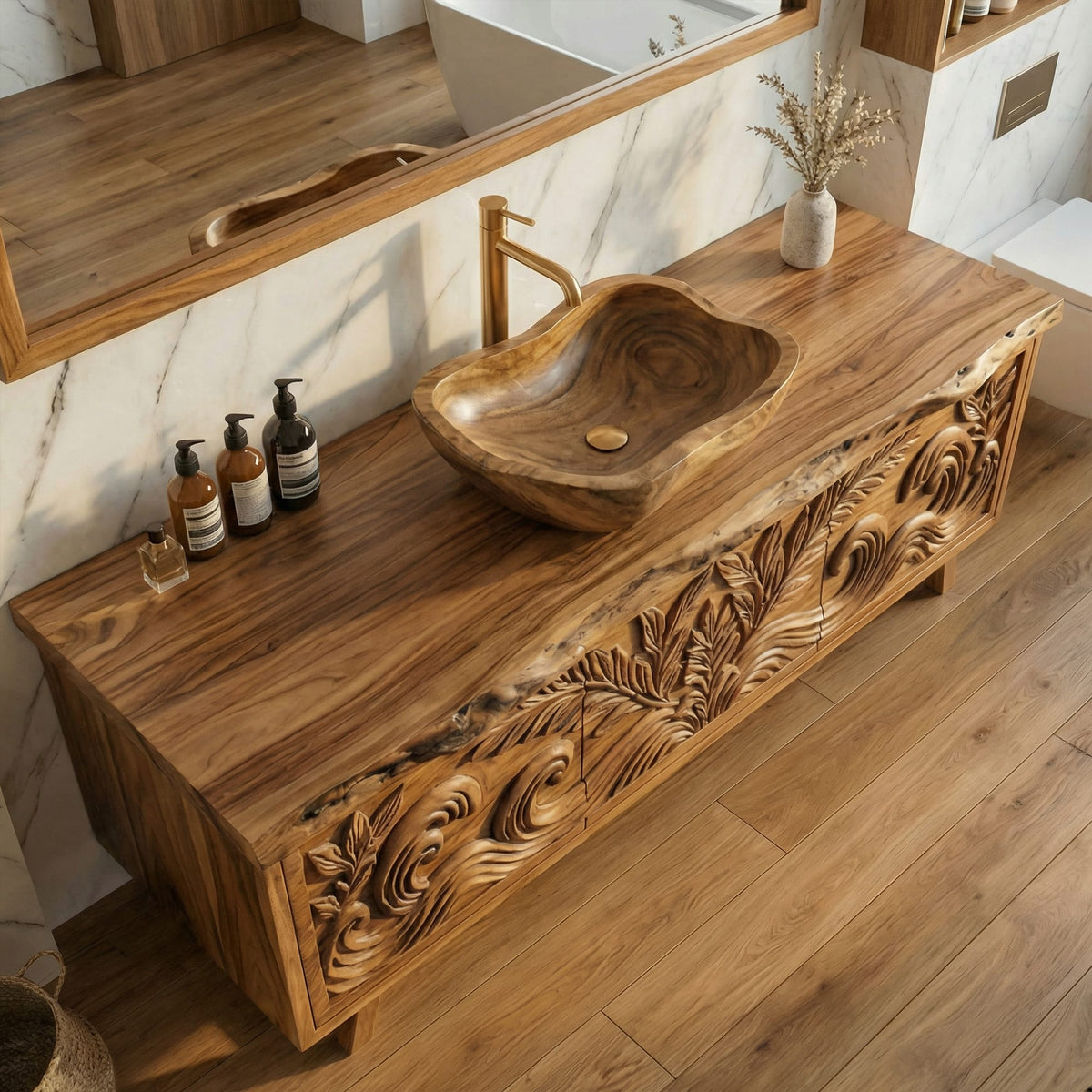 Tropical Hand Carved Solid Bathroom Vanity Statement Cabinet, solid wood, built to order