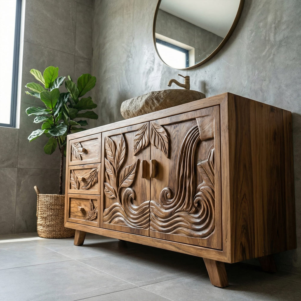 Bohemian Solid Bathroom Vanity Leaf Carved Storage Cabinet, solid wood, built to order