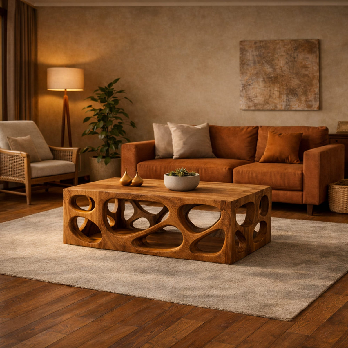 Architectural Carved Solid Coffee Table Organic Void Design Statement Living Room Interior, solid wood, built to order