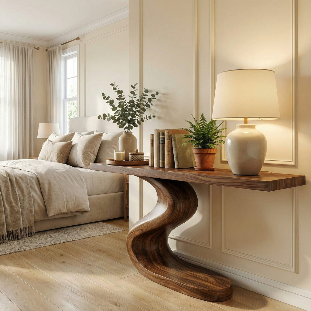 Artistic Flowing Base Console Table Entryway Hallway Living Room, solid wood, built to order
