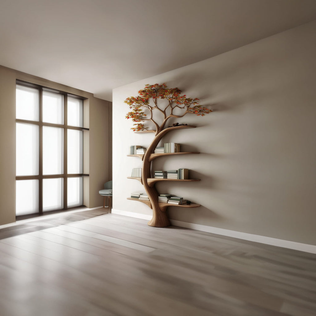 Midcentury Tree Wall Bookcase Study Room, solid wood, built to order