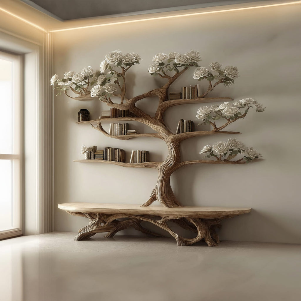 Rustic Tree Shelf Study Room, solid wood, built to order