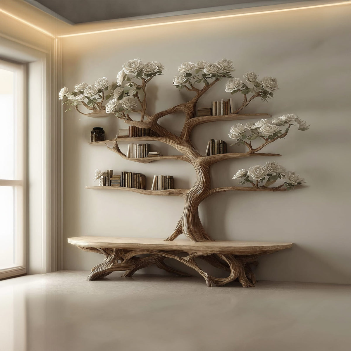 Rustic Tree Shelf Study Room, solid wood, built to order