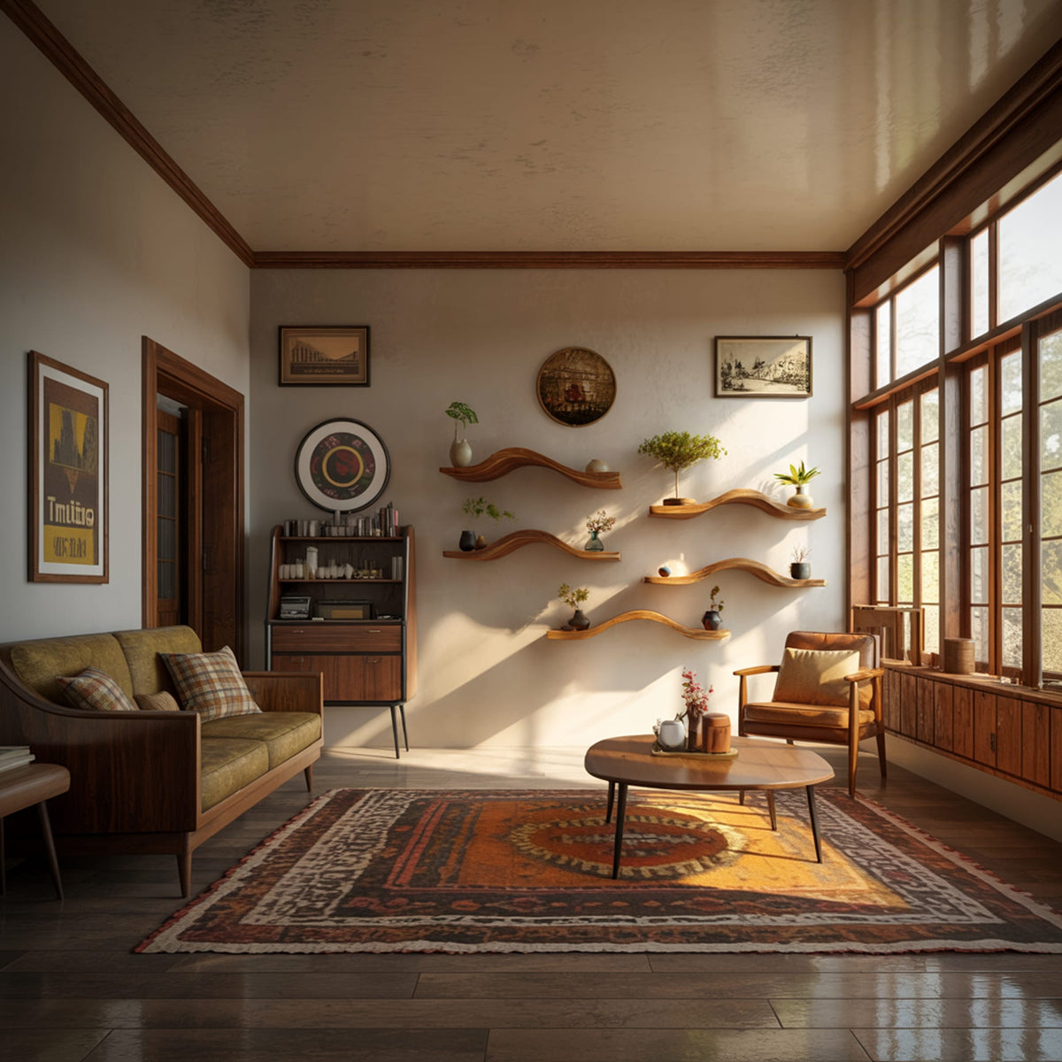 Curved Solid Floating Shelves Organic Living Room Interior, solid wood, built to order