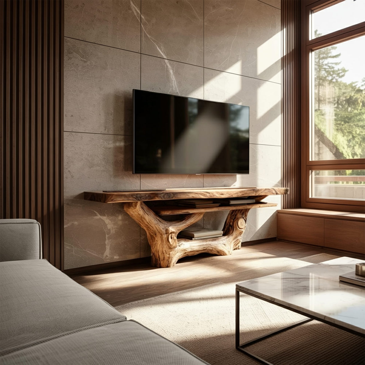 Midcentury TV Console Sculpted Wood Base Living Room Display, solid wood, built to order