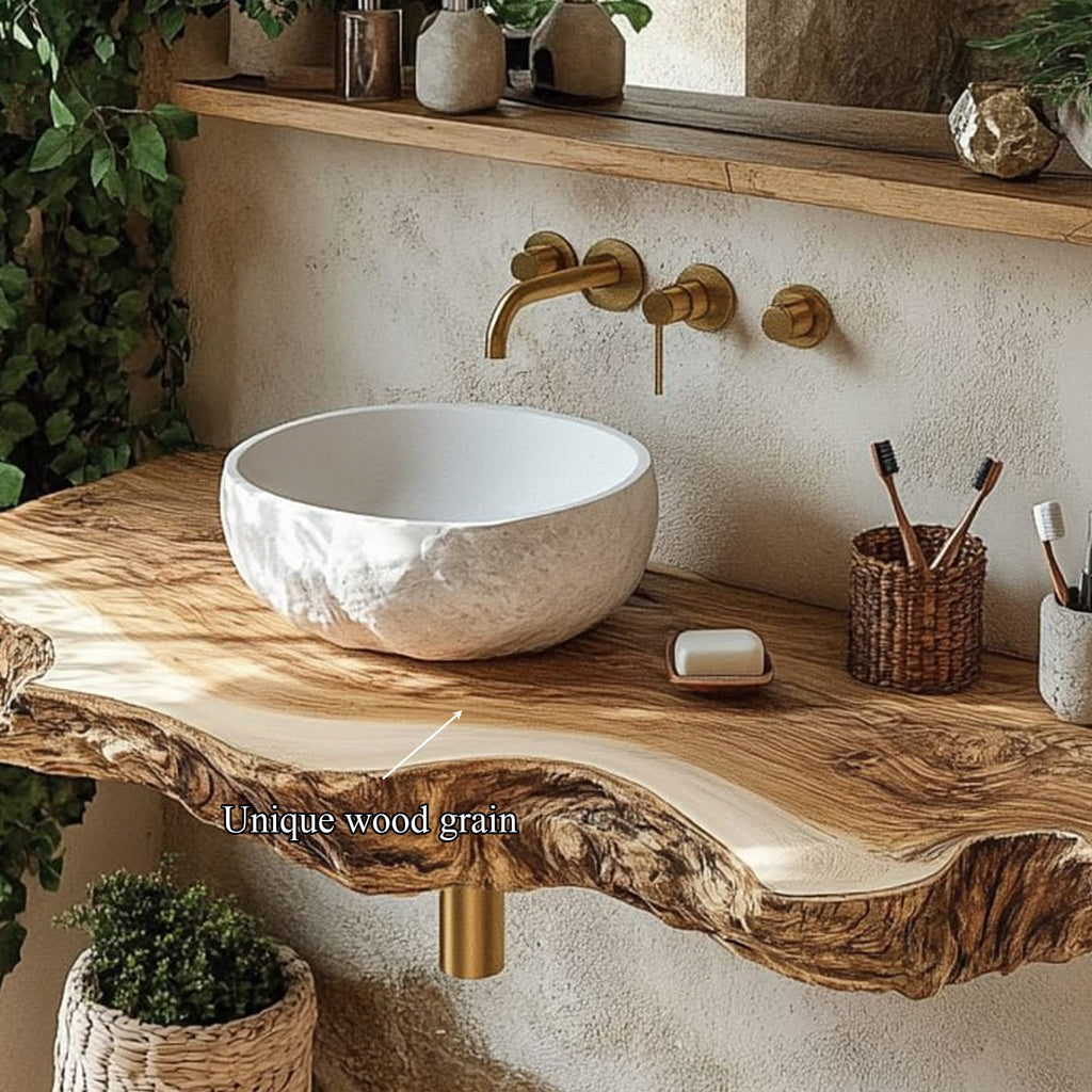 Midcentury Stone Basin Vanity Bathroom, solid wood, built to order