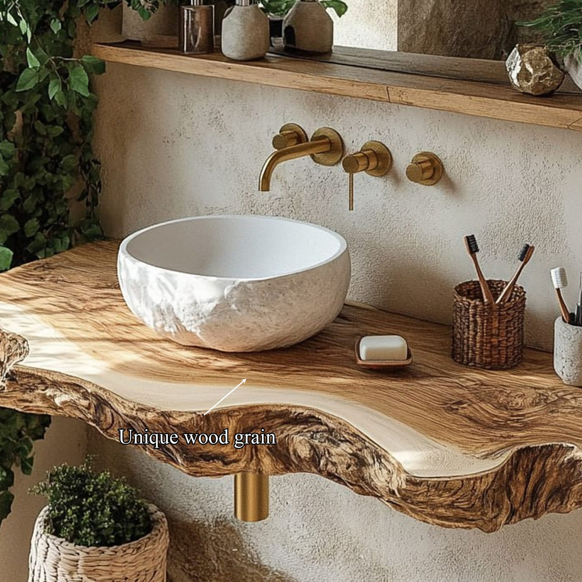 Midcentury Stone Basin Vanity Bathroom, solid wood, built to order