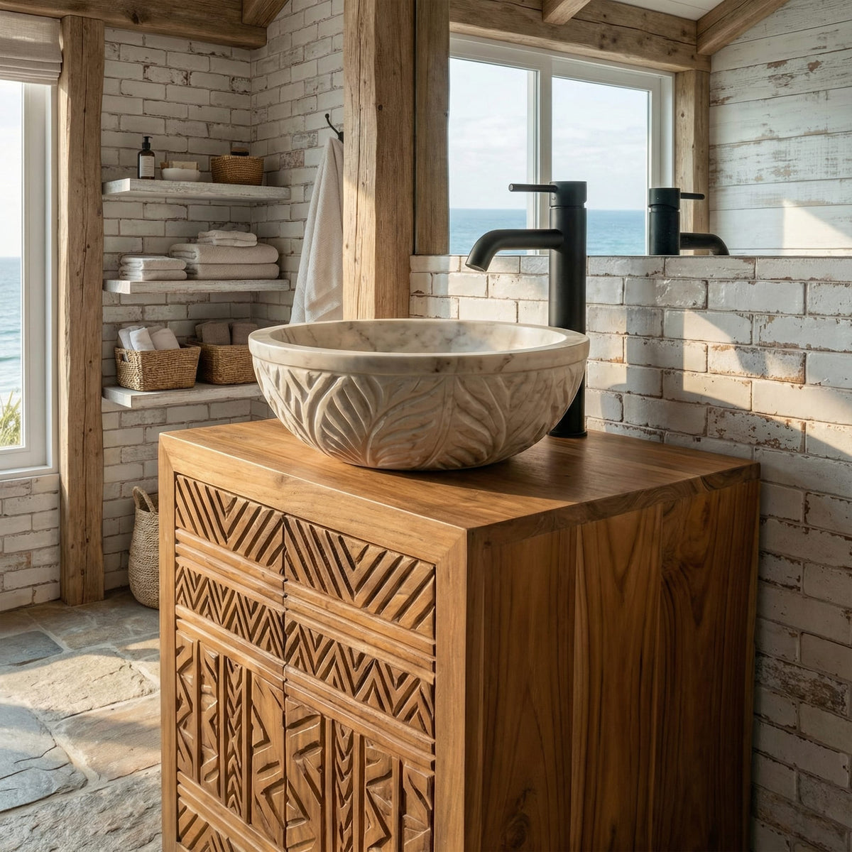 Tribal Geometric Solid Bathroom Vanity Compact Storage Cabinet, solid wood, built to order
