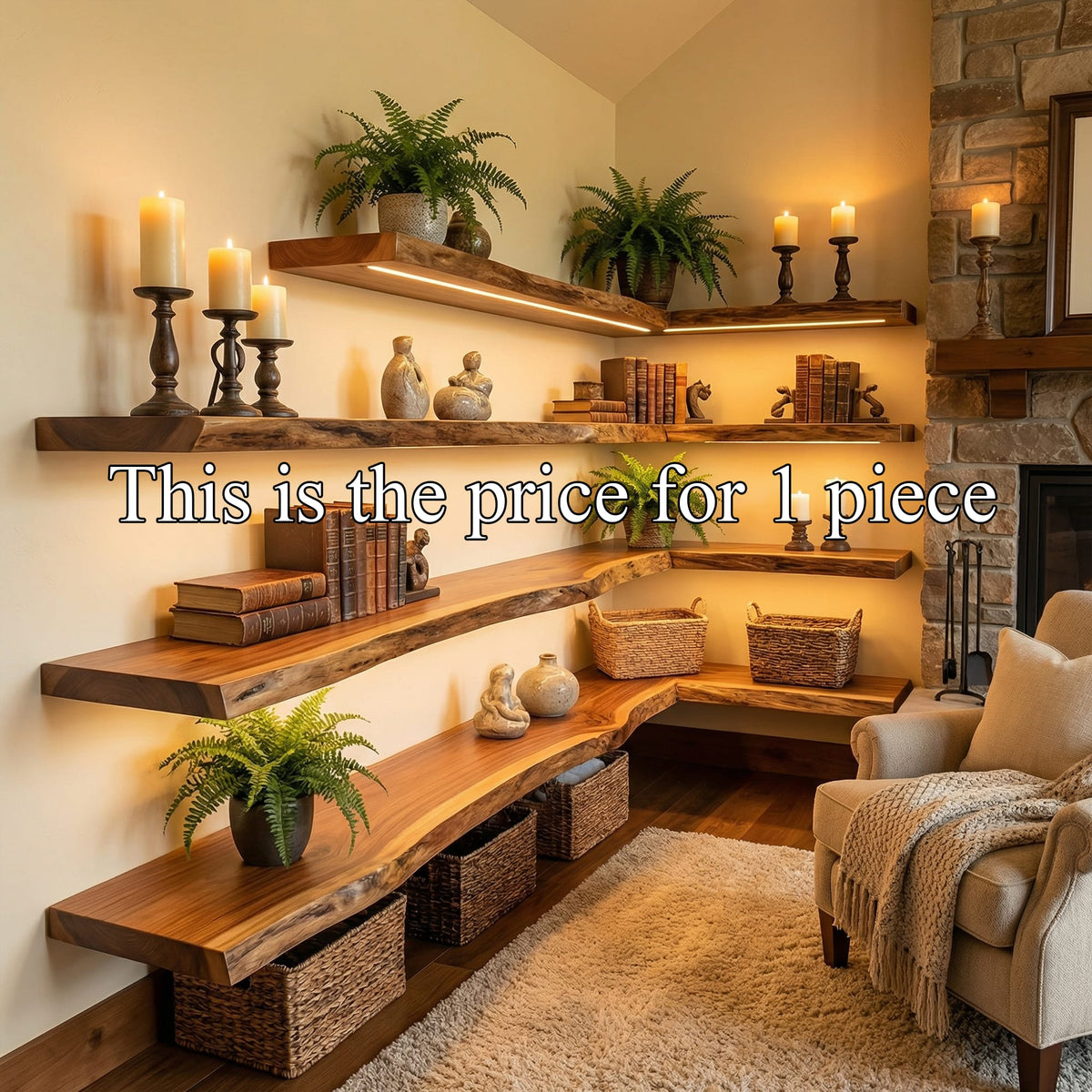 Modern Living Room Floating Wall Shelves, solid wood, built to order