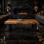 Industrial Live Edge Coffee Table Bold Contrast Black Base Living Room Interior, solid wood, built to order
