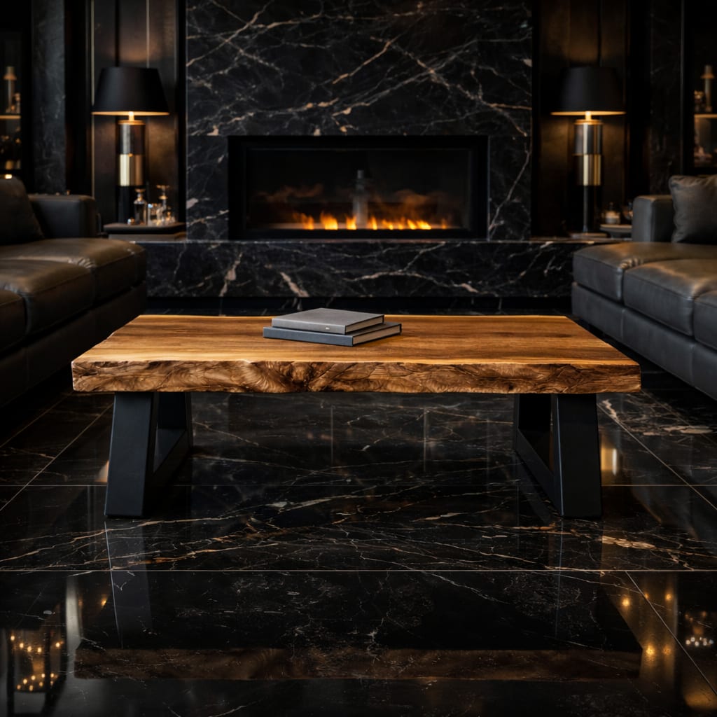 Industrial Live Edge Coffee Table Bold Contrast Black Base Living Room Interior, solid wood, built to order