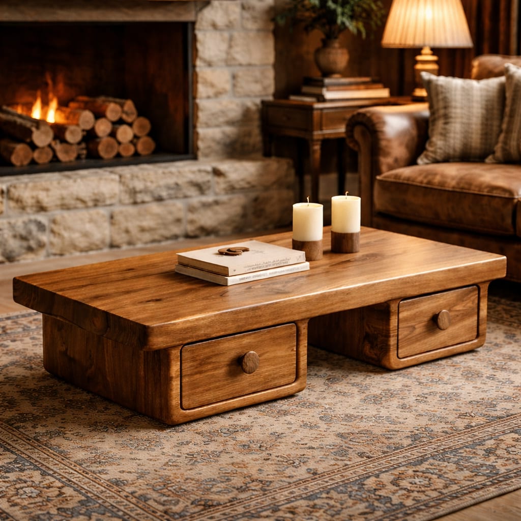 Compact Storage Solid Coffee Table Cozy Living Room Interior, solid wood, built to order
