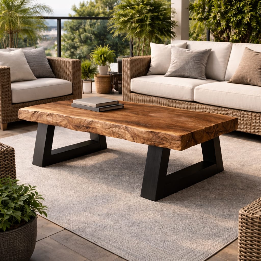 Industrial Live Edge Coffee Table Bold Contrast Black Base Living Room Interior, solid wood, built to order