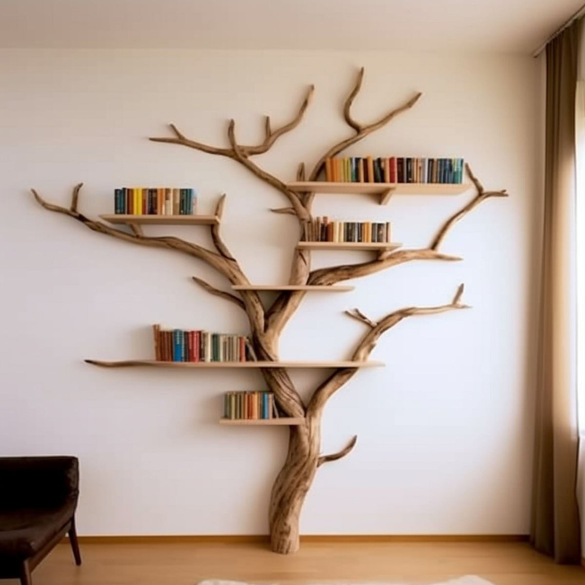 Elegant Wild Mulberry Tree Bookshelf Floating Shelves Live Edge, solid wood, built to order