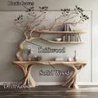 Console Narrow Table with Tree Branch Bookshelf, solid wood, built to order