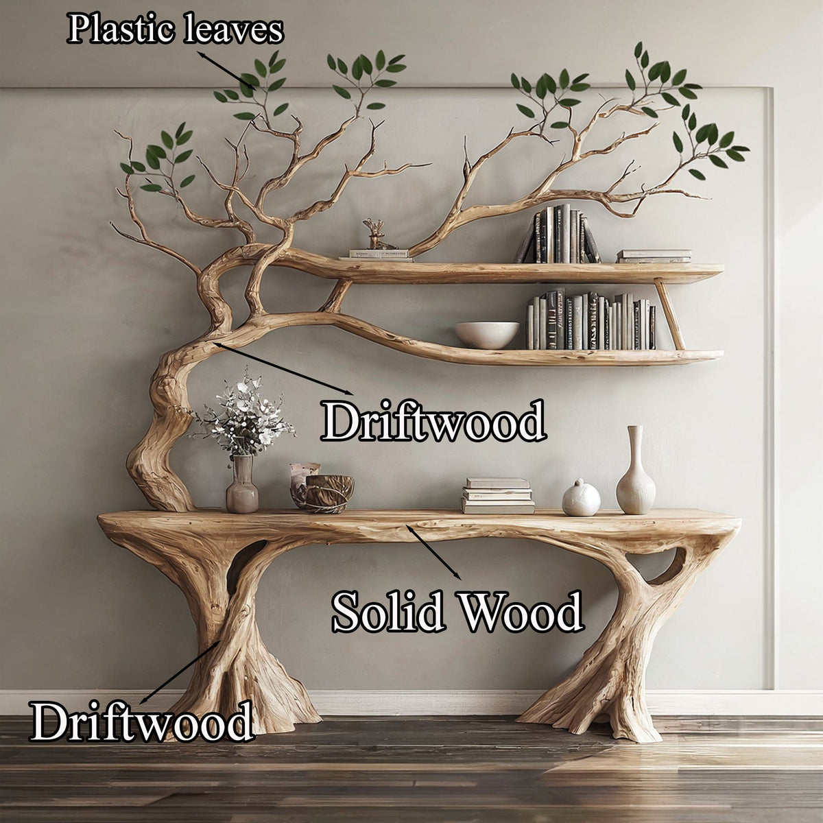 Console Narrow Table with Tree Branch Bookshelf, solid wood, built to order