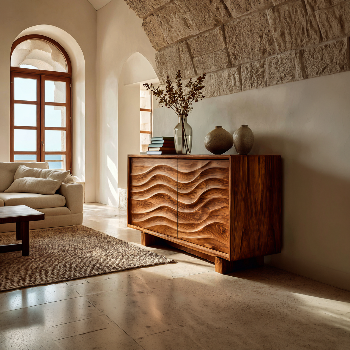 Wooden Sideboard 3d Wave Carving, solid wood, built to order, view 5