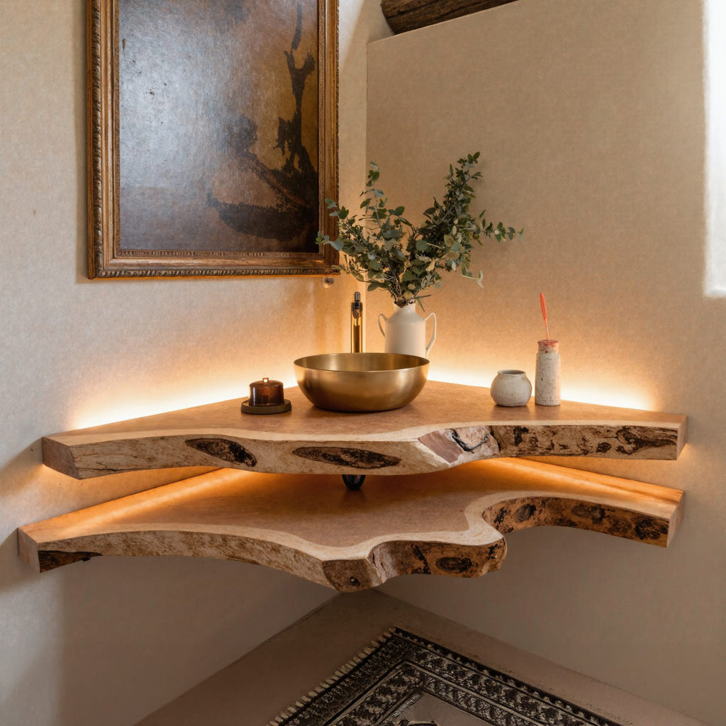Floating Bathroom Corner Shelf, solid wood, built to order