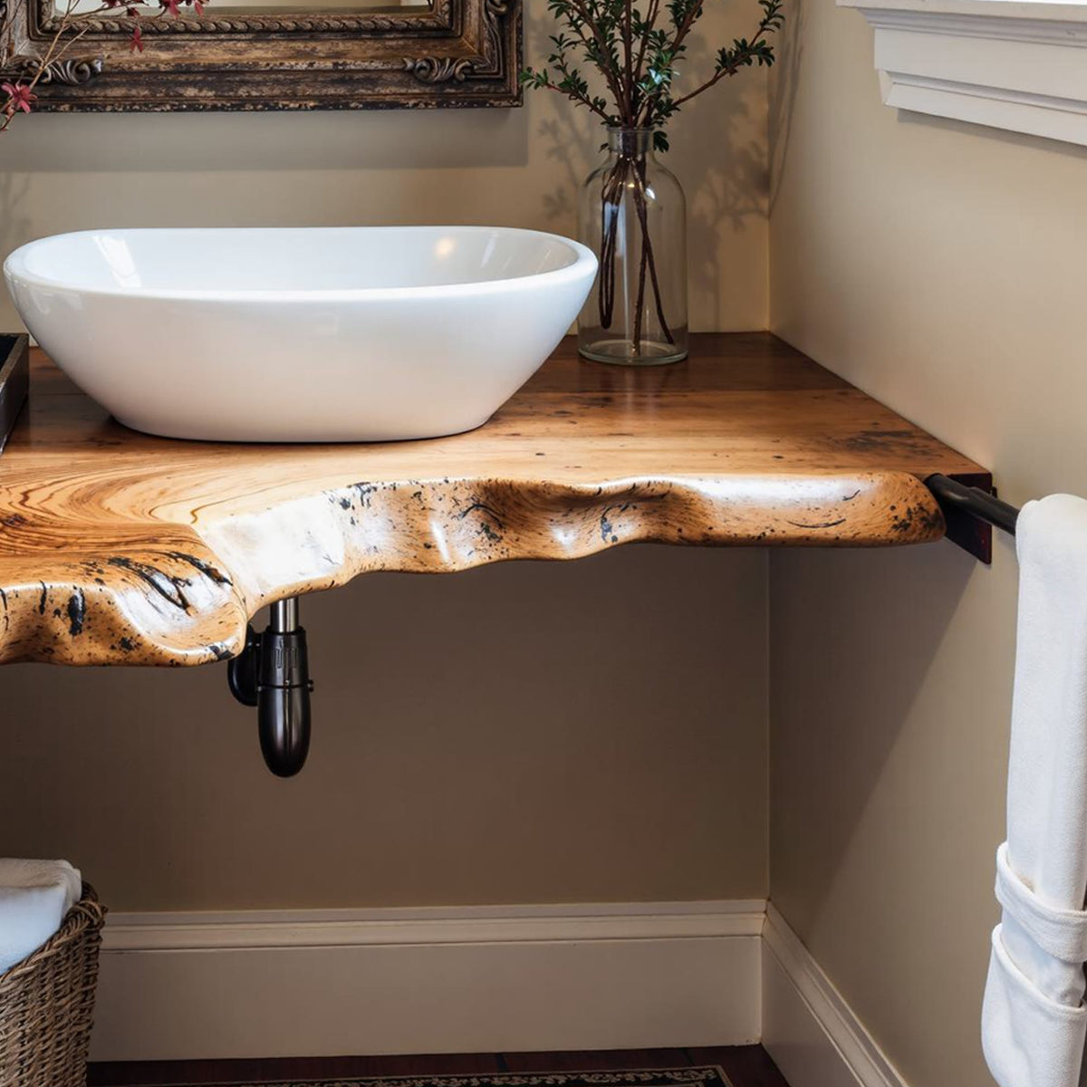 Floating Bathroom Corner Shelf Vanity, solid wood, built to order
