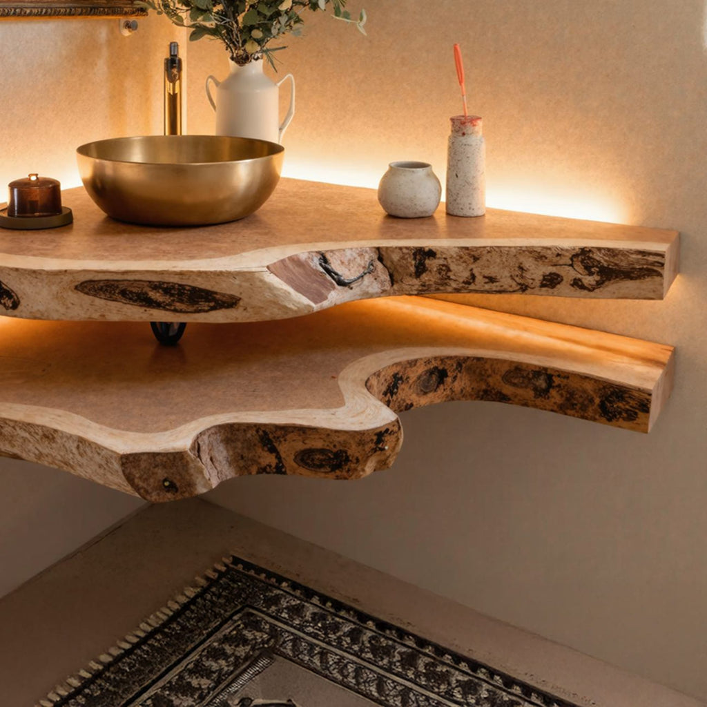Floating Bathroom Corner Shelf, solid wood, built to order