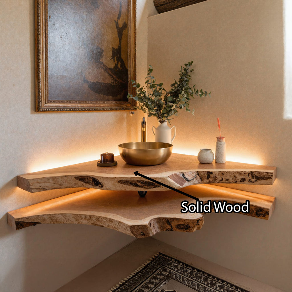 Floating Bathroom Corner Shelf, solid wood, built to order