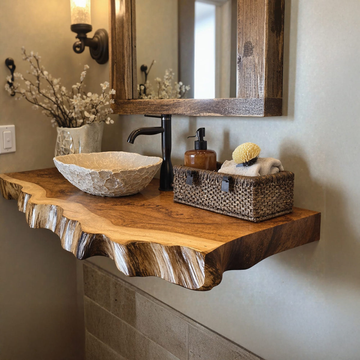 Floating Edge Bathroom Shelf, solid wood, built to order