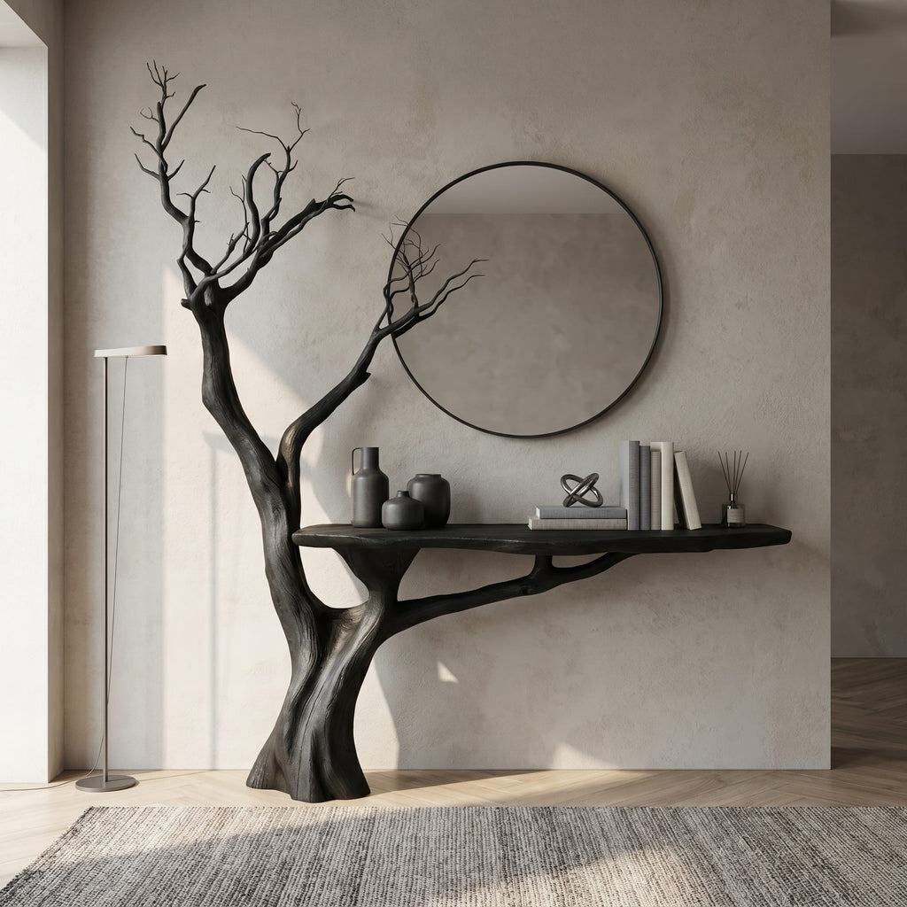 Rustic Console Table Sculpted Tree Hallway Entrance, solid wood, built to order