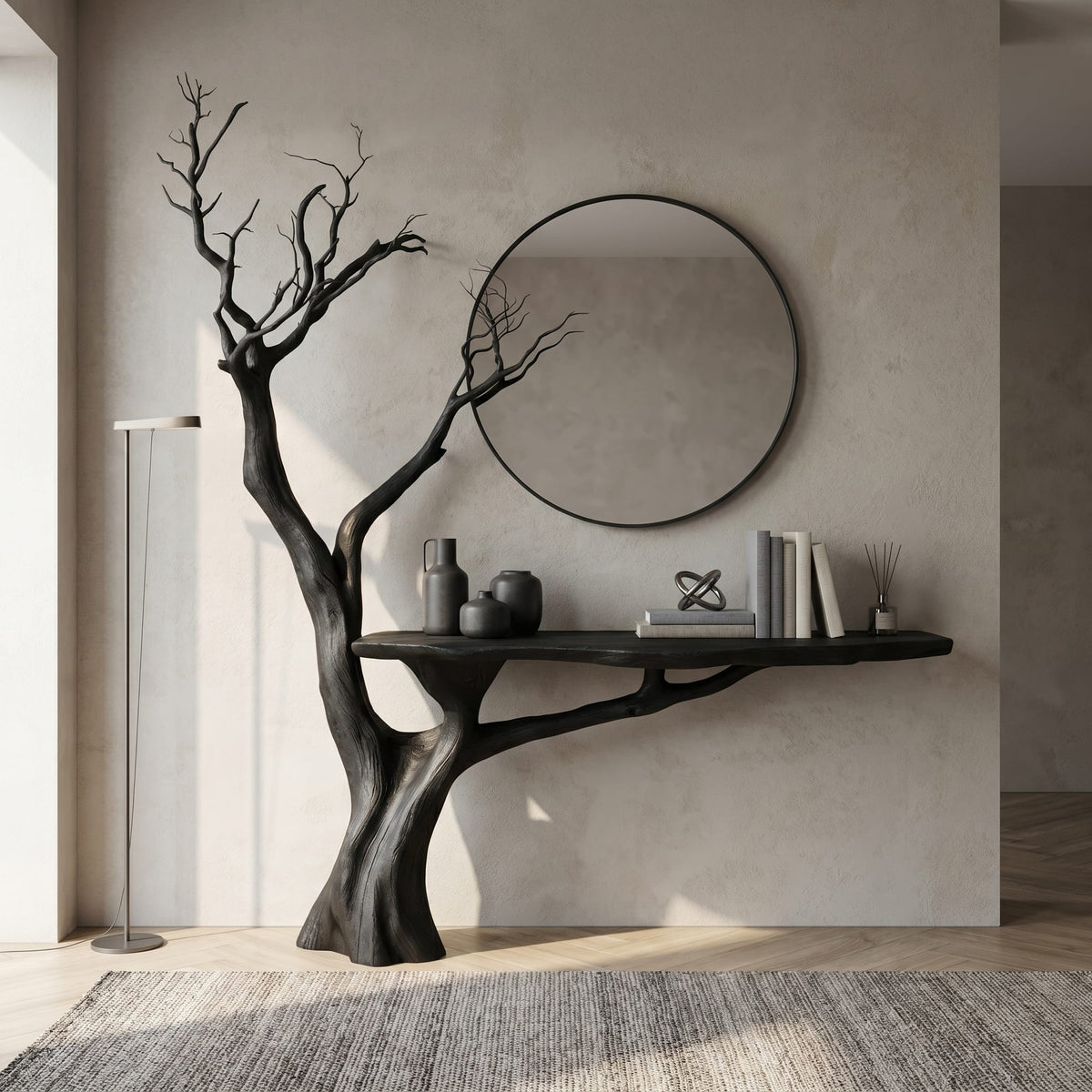 Rustic Console Table Sculpted Tree Hallway Entrance, solid wood, built to order