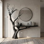 Rustic Console Table Sculpted Tree Hallway Entrance, solid wood, built to order