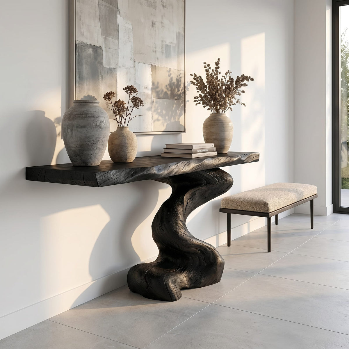 Mid Century Sculptural Slab Console Table