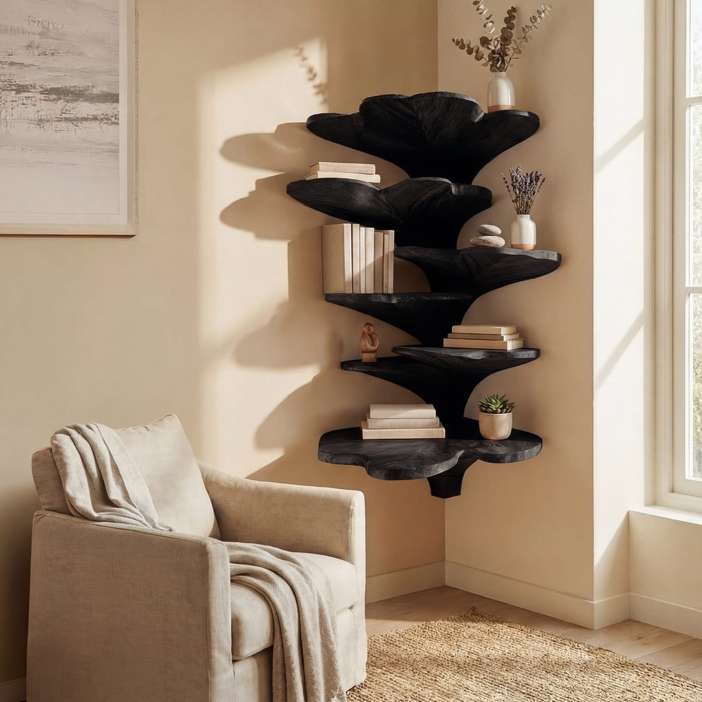 Boho Leaf Shaped Wooden Corner Shelf, solid wood, built to order