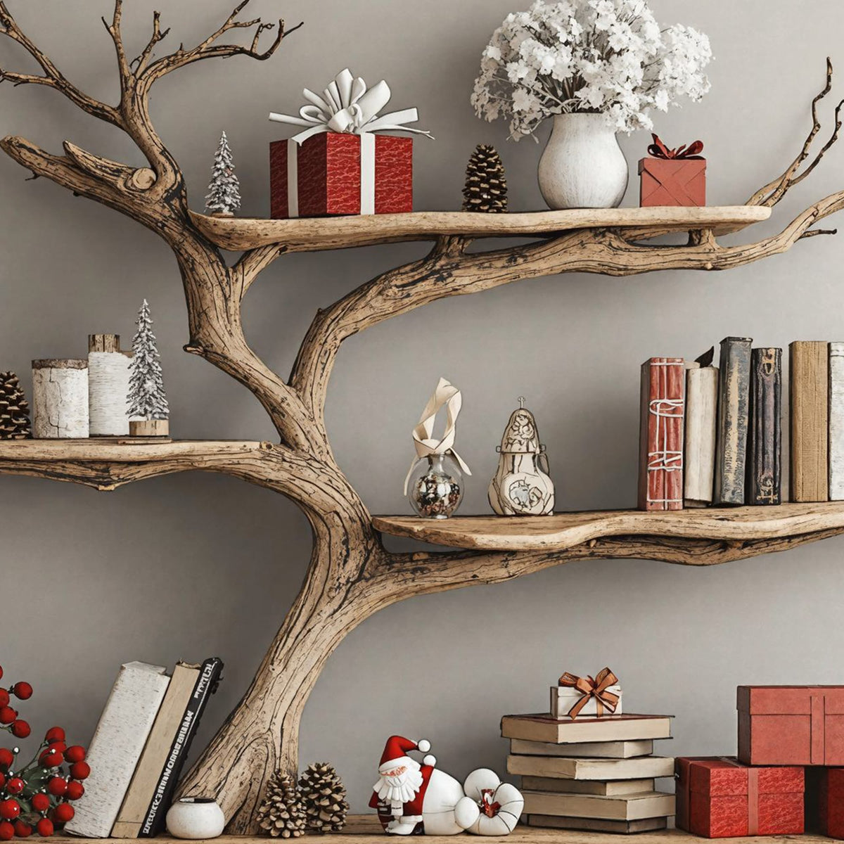 Custom Console Table with Driftwood Bookcase Tree Bookshelf, solid wood, built to order