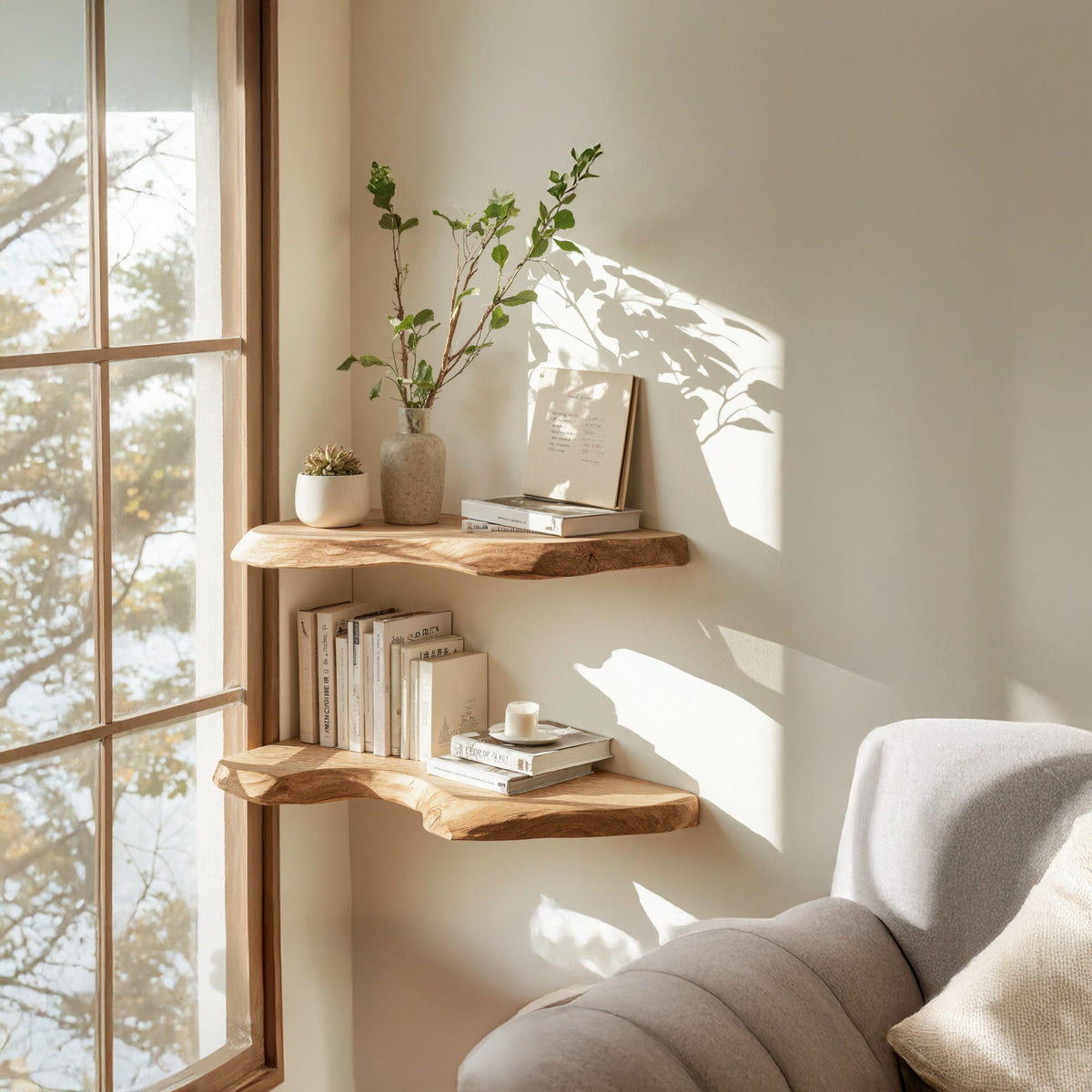 Mid Century Live Edge Corner Shelf, solid wood, built to order