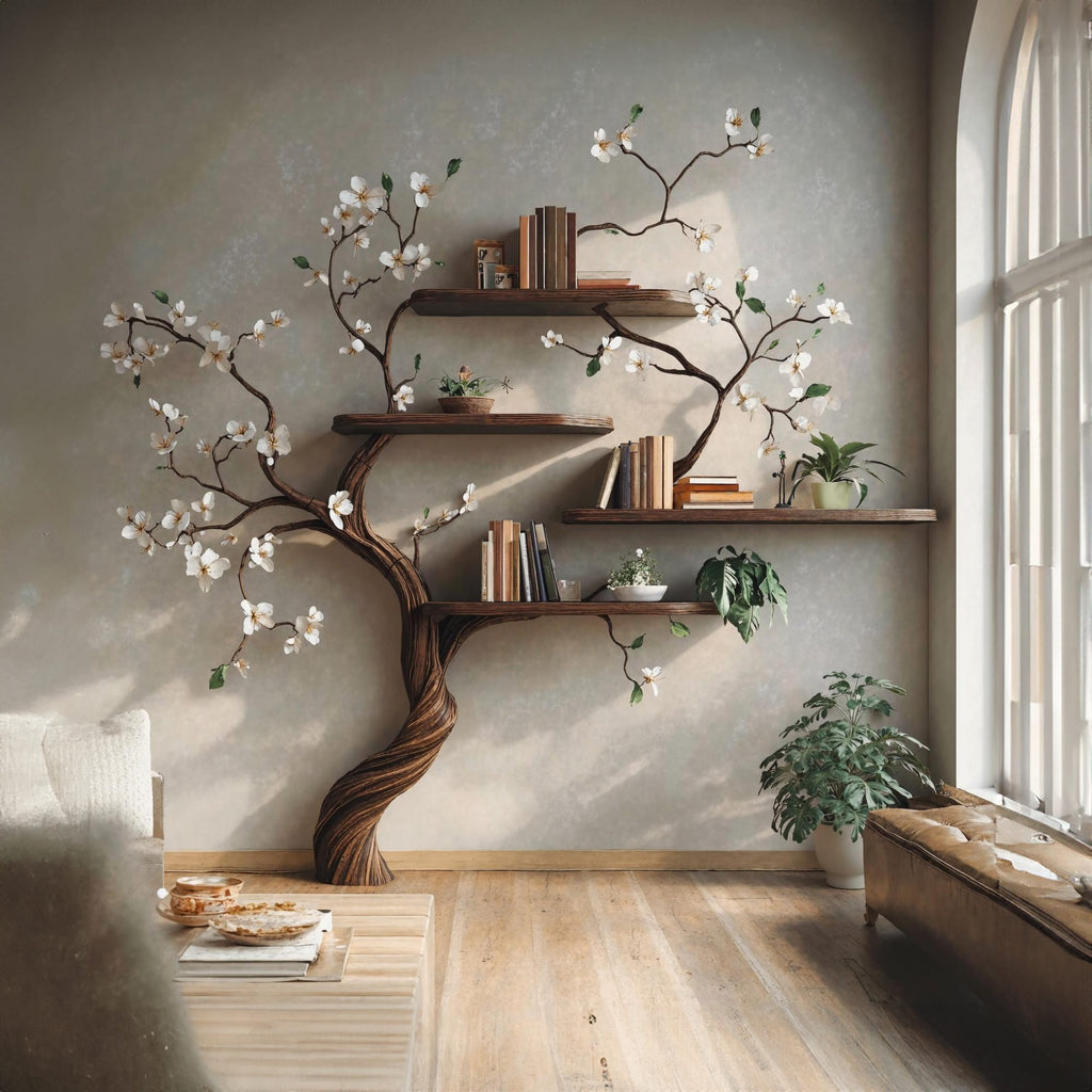 Tree Branch Bookcase Wall Mount Live Edge Shelf Decor Home, solid wood, built to order