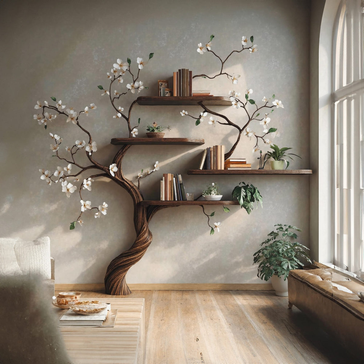 Tree Branch Bookcase Wall Mount Live Edge Shelf Decor Home, solid wood, built to order