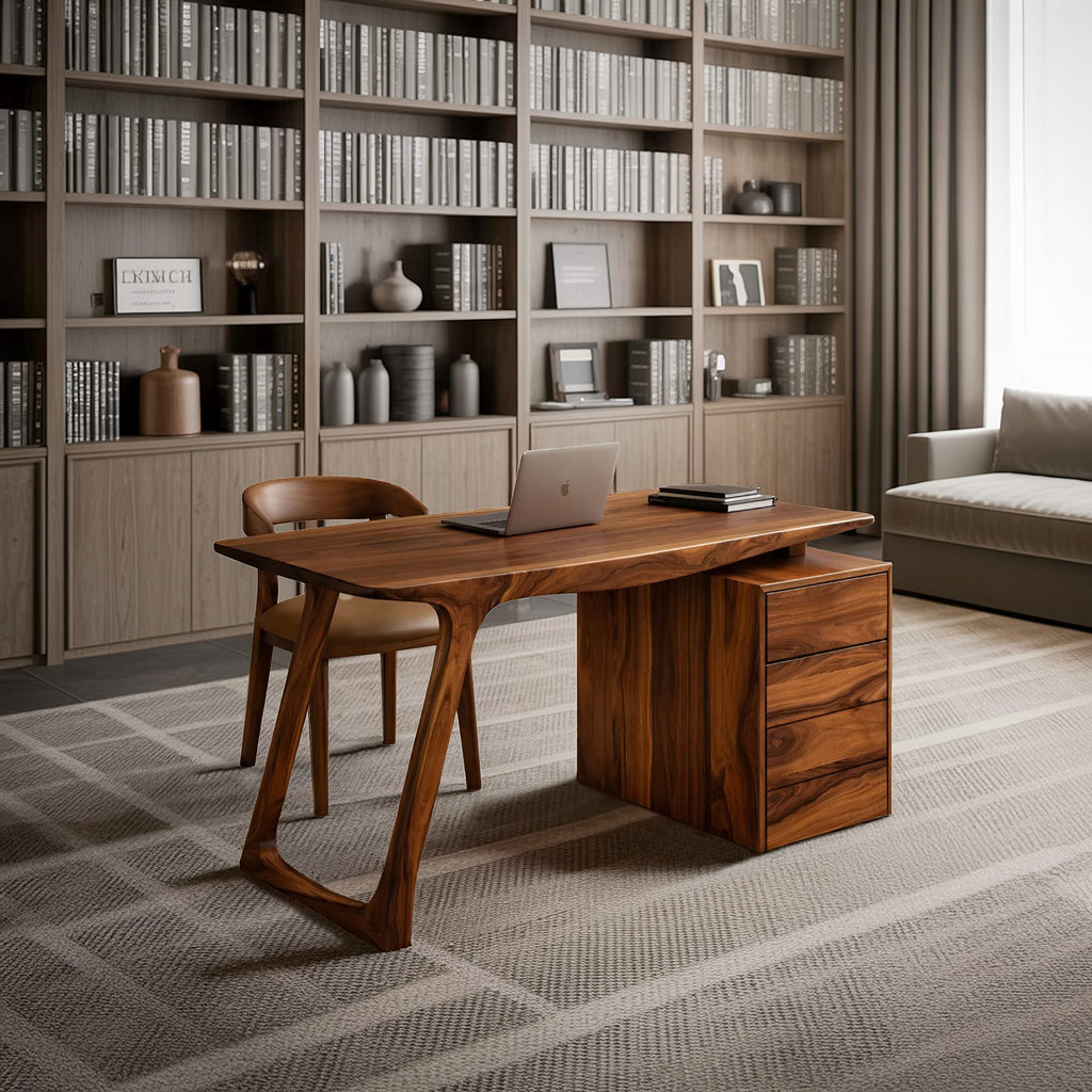 Contemporary Live Edge Office Desk with Storage Cabinet, solid wood, built to order