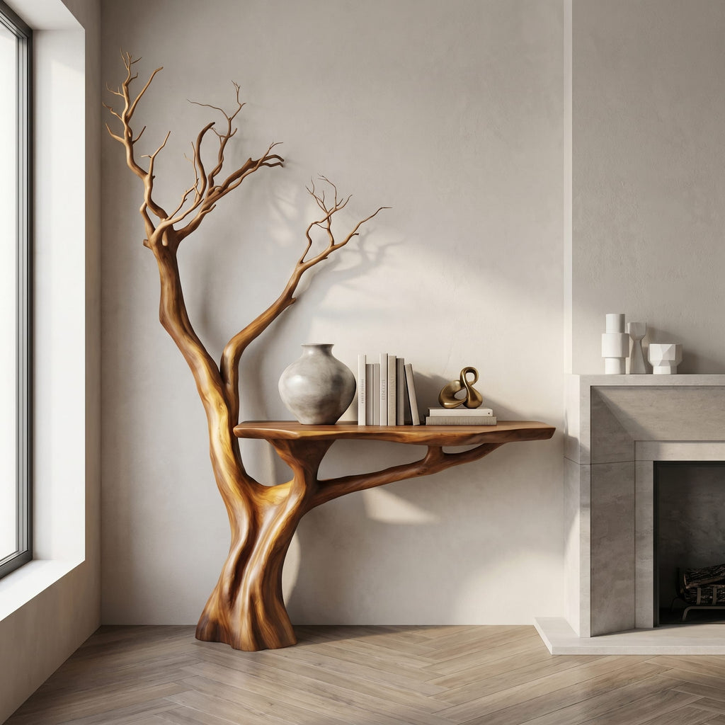 Rustic Console Table Sculpted Tree Hallway Entrance, solid wood, built to order