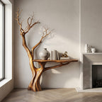 Rustic Console Table Sculpted Tree Hallway Entrance, solid wood, built to order