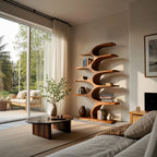 Artistic Curved Bookshelf Fluid Lines Statement, solid wood, built to order